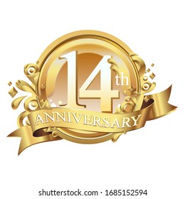 14 years golden anniversary logo celebration with ring and ribbon.