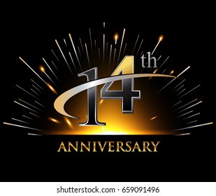 14 years golden anniversary logo celebration with firework and swoosh on dark background