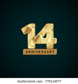 14 Years Golden Anniversary Logotype with low poly number. Vector illustration isolated on dark background.