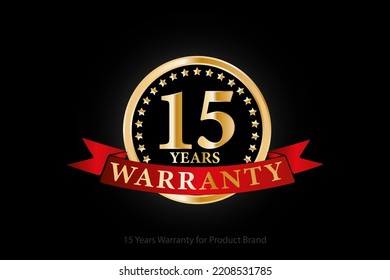 14 years golden warranty logo with ring and red ribbon isolated on black background, vector design for product warranty, guarantee, service, corporate, and your business.