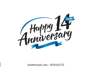 14 years happy anniversary celebration with blue swoosh and blue ribbon isolated on white background 