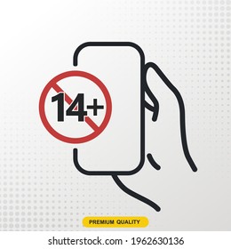 Icono de línea límite de edad de 14 años. Con el teléfono y el icono de la mano