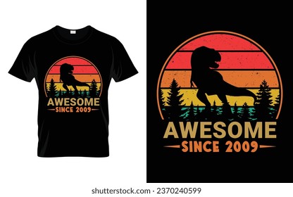 14 Years Old Awesome Since 2009 14th Birthday Boys Girls Dinosaur T Rex Retro T-Shirt