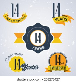 14 years of service/ 14 years / Celebrating 14 years / 14th Anniversary - Set of Retro vector Stamps and Seal for business