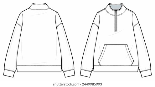 14 Reißverschluss Pullover Technische Mode-Illustration. Viertelreißverschluss Pullover Vektorgrafik Vorlage Illustration. Vorder- und Rückansicht. Stehkragen. Reißverschluss-Tasche, Fallschulter. Kängurutasche. CAD-Modell.