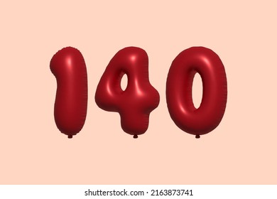 140 globo 3d número hecho de renderización 3d de globo metálico realista. Globos 3D de helio rojo para la venta decoración Fiesta Cumpleaños, Celebración de Aniversario, Fiesta de la Boda. Ilustración del vector
