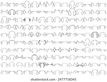 140 Vectores de ilustración dibujados a mano con contorno de oreja de perro. Conjunto de Contornos de Orejas de Perro. Lindos dibujos de orejas de mascota. Impresión a la carta. Corte de la máquina de fabricación. 