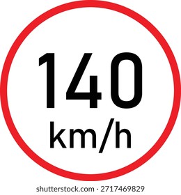 Señal de tráfico de límite de velocidad de 140 km h con círculo rojo sobre fondo blanco: símbolo de regulación de velocidad en carretera, señalización de restricción de velocidad máxima, aviso de seguridad de conducción y reglas de Transporte, ícono de control de velocidad en carretera para la gestión del tráfico y la conciencia de seguridad vial.