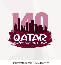 140 Qatar National Day. Arabic Translation: Our National Day.18 December. Flag and Skyline. Vector Illustration. 