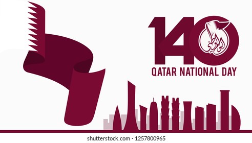 140 Qatar National Day. Arabic Translation: Our National Day.18 December. Flag and Skyline. Vector Illustration. 