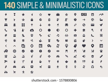 140 Simple, minimalistic isolated icon set, vector flat icons
