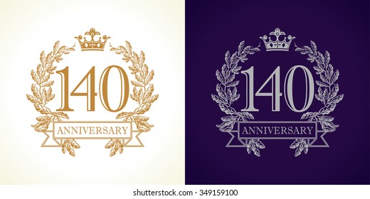 140 years old luxury logotype. Congratulating 140th numbers, heraldic gold color frame. Congrats concept. Celebrating tradition one, four and zero digits. Abstract isolated graphic design template.