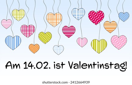 Am 14.02. ist Valentinstag - text in German - 14 February is Valentine’s Day. Sales banner with a sky full of pastel colored hearts.