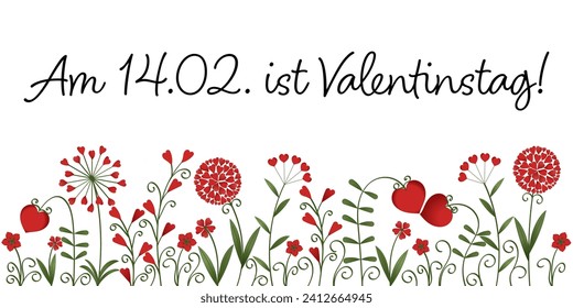 Am 14.02. ist Valentinstag - text in German - 14 February is Valentine’s Day. Sales banner with flowers made of red hearts.