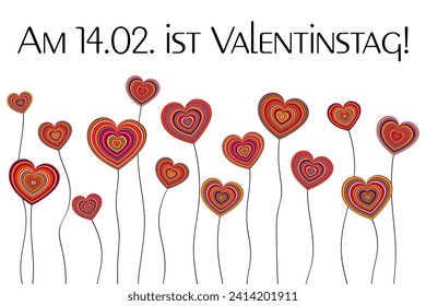 Am 14.02. ist Valentinstag - text in German language - 14 February is Valentine’s Day. Sales banner with colorful heart flowers. 