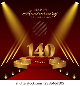 140th anniversary logo with numbers and podium in gold color, logo design for celebration event, invitation, greeting card, banner, poster, and flyer, vector template