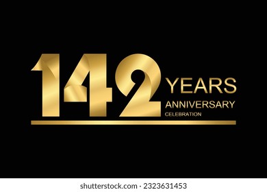 142 year anniversary vector banner template. gold icon isolated on black background.