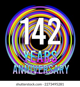 142 years anniversary, for anniversary and anniversary celebration logo, vector design colorful isolated on  black background