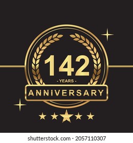 142 years anniversary golden color with circle ring and stars isolated on black background for anniversary celebration event luxury gold premium vector