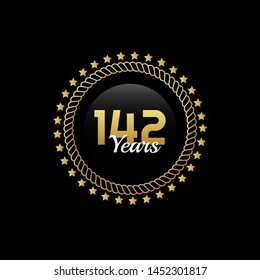 142 years celebration logo. golden 142th anniversary emblem. designed for celebration card, greeting card and invitation card.