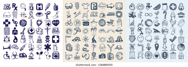 143 hand drawing doodle icon set, vector illustration collection