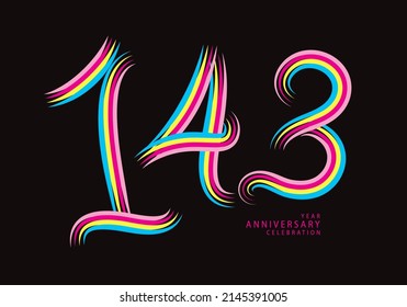 143 number design vector, graphic t shirt, 143 years anniversary celebration logotype colorful line, 143th birthday logo, Banner template, logo number elements for invitation card, poster, t-shirt.