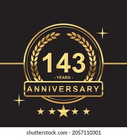 143 years anniversary golden color with circle ring and stars isolated on black background for anniversary celebration event luxury gold premium vector
