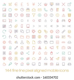 144 cutting colored retro vintage icons for mobile interface. Fine line pixel aligned mobile ui icons with variable line width. 