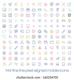 144 cutting colored retro vintage icons for mobile interface. Fine line pixel aligned mobile ui icons with variable line width. 