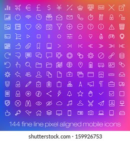 144 cutting edge modern icons for mobile interface. Fine line pixel aligned smart phone ui icons with variable line width.