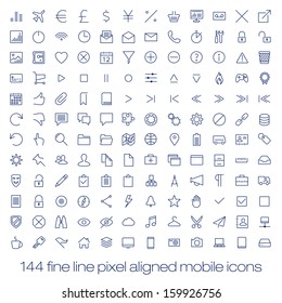 144 cutting edge modern icons for mobile interface. Fine line pixel aligned mobile ui icons with variable line width.
