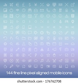 144 cutting edge modern icons for mobile interface on colorful background. Fine line pixel aligned mobile ui icons with variable line width. 