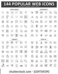 144 popular web icons, social media, ecommerce, contact, and startup. thin line icon with simple style use for website or pictogram asset, stroke editable. 