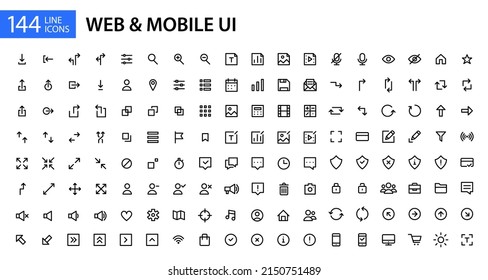 144 simple line art web and mobile ui icons. Pixel perfect, editable stroke