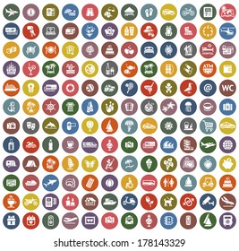144 Symbole für Tourismus festgelegt. Sport-, Reise-Symbole mit Retrofarben. Vektorillustration 