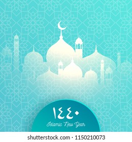 1440 hijri islamic new year. Happy Muharram. Muslim community festival Eid al ul Adha Mubarak greeting card with 3d paper flower, star, moon. Template for menu, invitation, poster, banner, card.