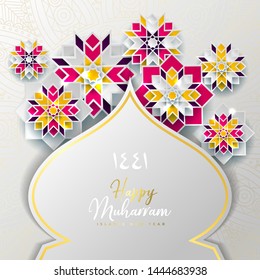 1441 hijri islamic new year. Happy Muharram. Muslim community festival Eid al ul Adha Mubarak greeting card with 3d paper flower, star, moon. Template for menu, invitation, poster, banner, card.