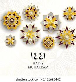1441 hijri islamic new year. Happy Muharram. Muslim community festival Eid al ul Adha Mubarak greeting card with 3d paper flower, star, moon. Template for menu, invitation, poster, banner, card.