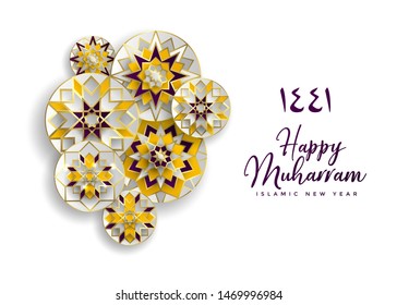 1441 hijri islamic new year. Happy Muharram. Muslim community festival Eid al ul Adha Mubarak greeting card with 3d paper flower, star, moon. Template for menu, invitation, poster, banner, card.