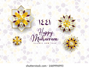 1441 hijri islamic new year. Happy Muharram. Muslim community festival Eid al ul Adha Mubarak greeting card with 3d paper flower, star, moon. Template for menu, invitation, poster, banner, card.