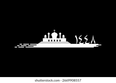 1448 AH Islamisches Jahr mit Moschee Silhouette als Illustration, oder Hijri-Jahr auch bekannt als Hijriah oder Hijriyah, Arabisch numerischer Text für islamischen Kalender oder Grafik-Design-Element. Vektorgrafik