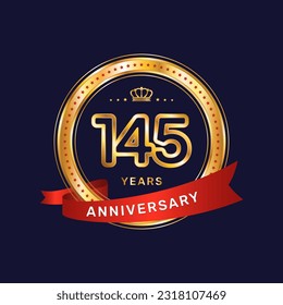 145 year anniversary logo with gold ring and red ribbon, vector template