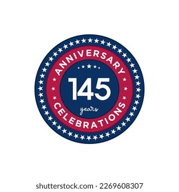 145 years anniversary. Anniversary template design, red and blue colors with stars, design for event, invitation card, greeting card, banner, poster, flyer, book cover and print. Vector Eps10