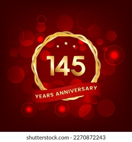 145 years anniversary. Anniversary template design with gold number and red ribbon, design for event, invitation card, greeting card, banner, poster, flyer, book cover and print. Vector Eps10