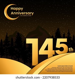 145th anniversary, Anniversary Celebration with golden text, isolated on mountains background, vector template illustration