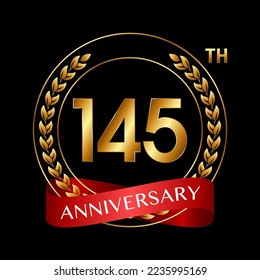 145. Jahrestag. Jubiläum Logo Design mit Laurel Wreath und Rotem Band für Feierlichkeiten, Hochzeit, Einladung, Grußkarte. Logo-Vektorgrafik