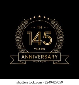 145th Anniversary logo design with laurel wreath for celebration event, invitation, banner, poster, flyer, greeting card. Line Art Design, Logo Vector Illustration