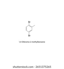 Estrutura esquelética de 1,4-dibromo-2-metilbenzeno Ilustração esquemática do composto aromático halogenado. Diagrama simples, fórmula química.