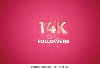 14K isolado no fundo rosa com espumante confete, Obrigado seguidores povos, dourado, Pink número 14K grupo social online, 15k