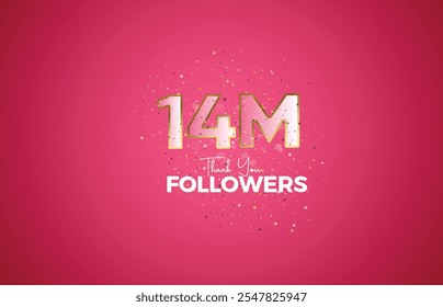 14M isolated on pink background with sparkling confetti, Thank you followers peoples, golden, Black number 14M online social group, 15M